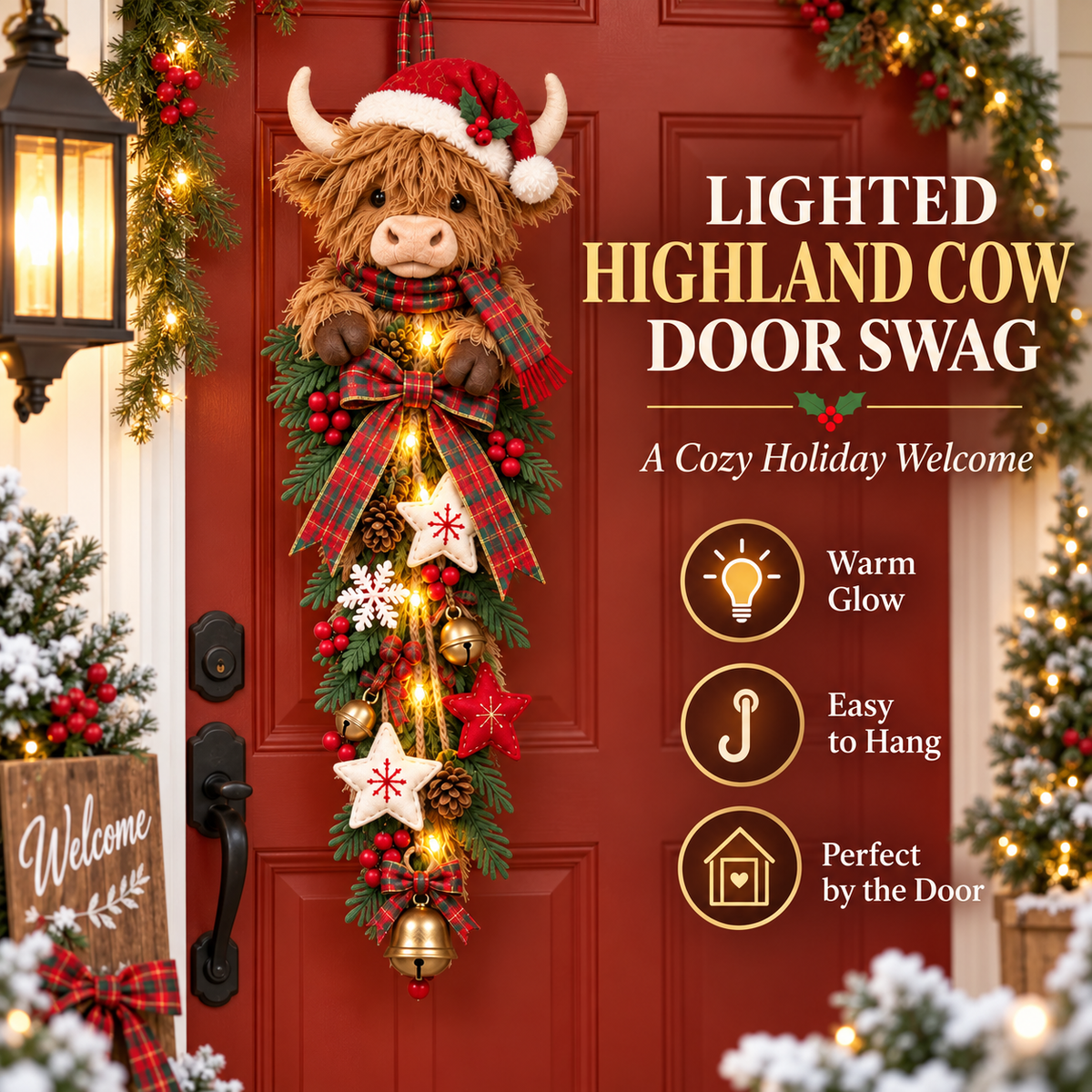 🔥Hot Sale 45% OFF -🎄 Lighted Highland Cow Christmas Door Swag