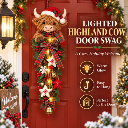 🔥Hot Sale 45% OFF -🎄 Lighted Highland Cow Christmas Door Swag