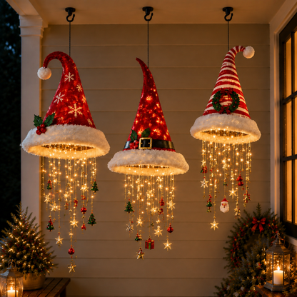 🎅 Lighted Santa Hat Hanging Chandelier 🎄 | 3 Styles Warm LED Christmas String Light | Indoor Outdoor Porch Holiday Decor Gift