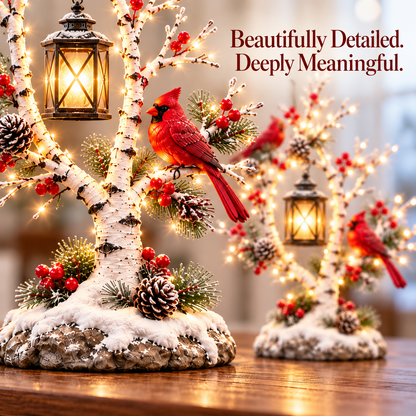 ❤️ Cardinal Winter Lantern Tree™ – Lighted Snowy Birch Tree with Red Cardinals & Hanging Lantern ✨