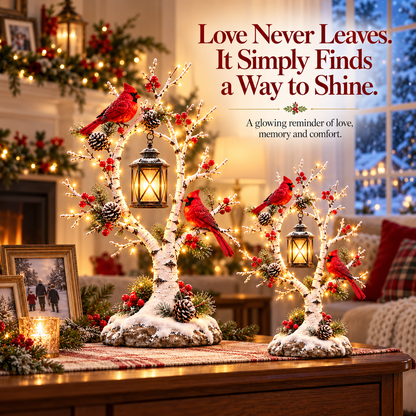 ❤️ Cardinal Winter Lantern Tree™ – Lighted Snowy Birch Tree with Red Cardinals & Hanging Lantern ✨