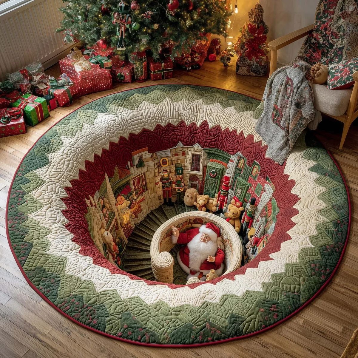 🎄3D Optical Illusion Vortex Quilted Round Christmas Rug