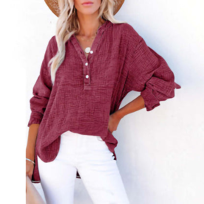 🔥Womens Casual Gauze Button Neck Long Sleeve Oversized BlousesTops