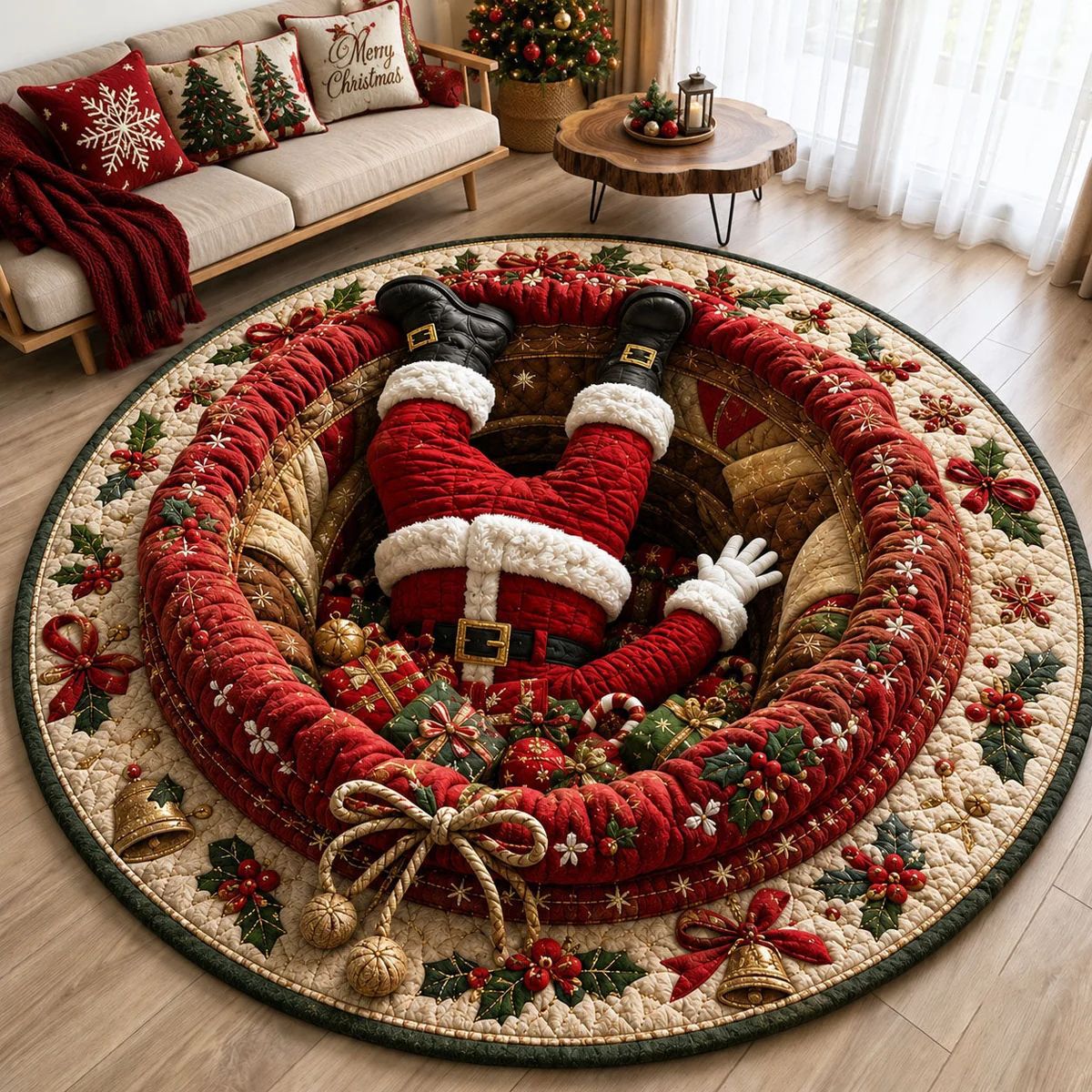 🎄3D Optical Illusion Vortex Quilted Round Christmas Rug