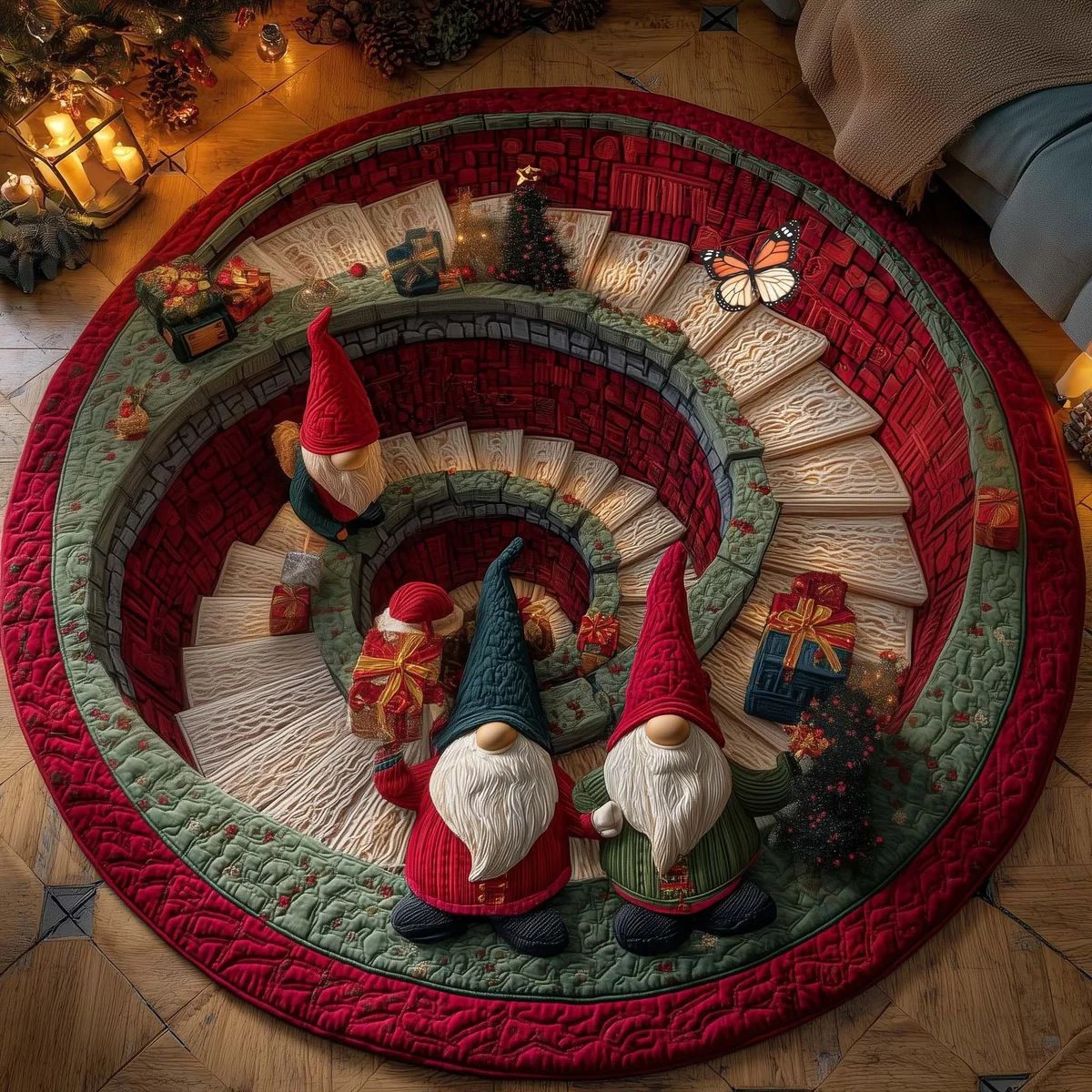 🎄3D Optical Illusion Vortex Quilted Round Christmas Rug