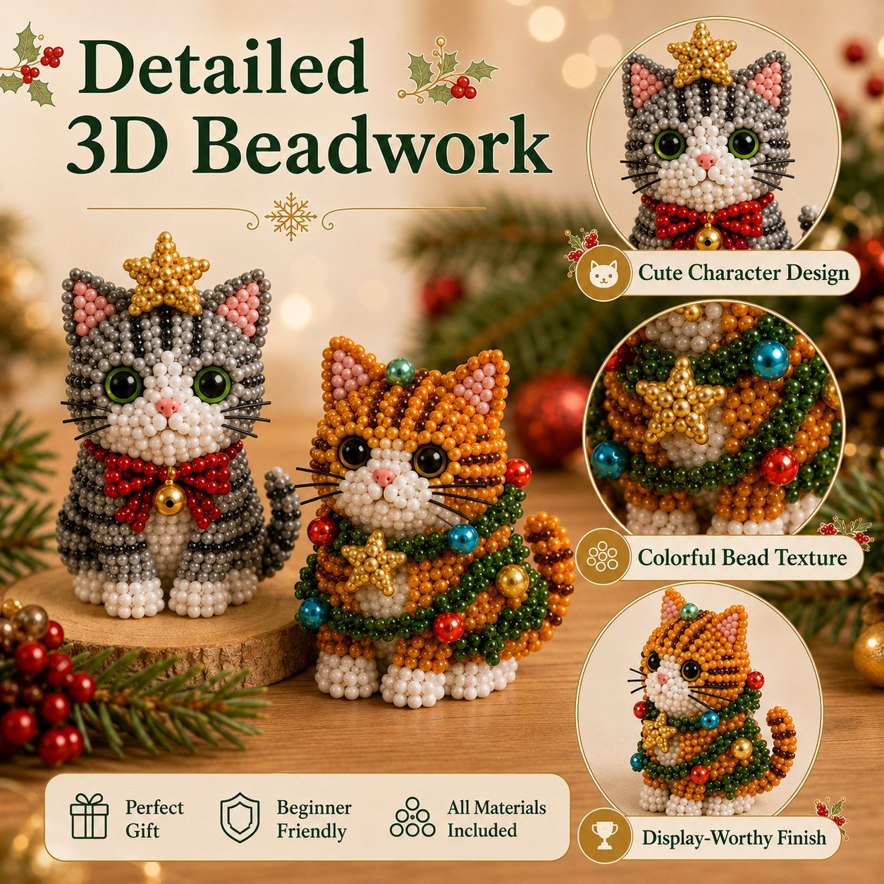 🐱🎄 Premium 3D Beaded Christmas Cats DIY Kit ✨