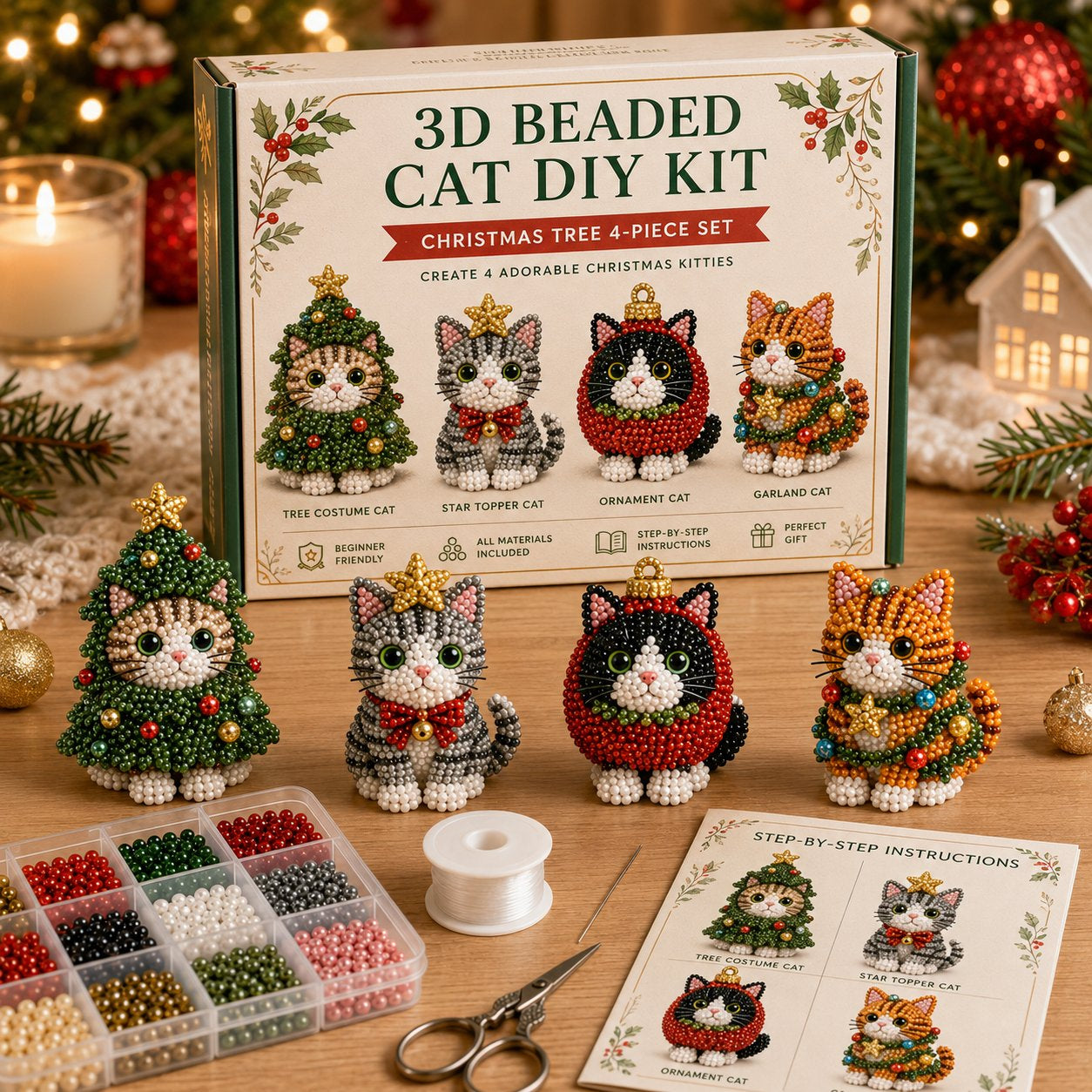 🐱🎄 Premium 3D Beaded Christmas Cats DIY Kit ✨