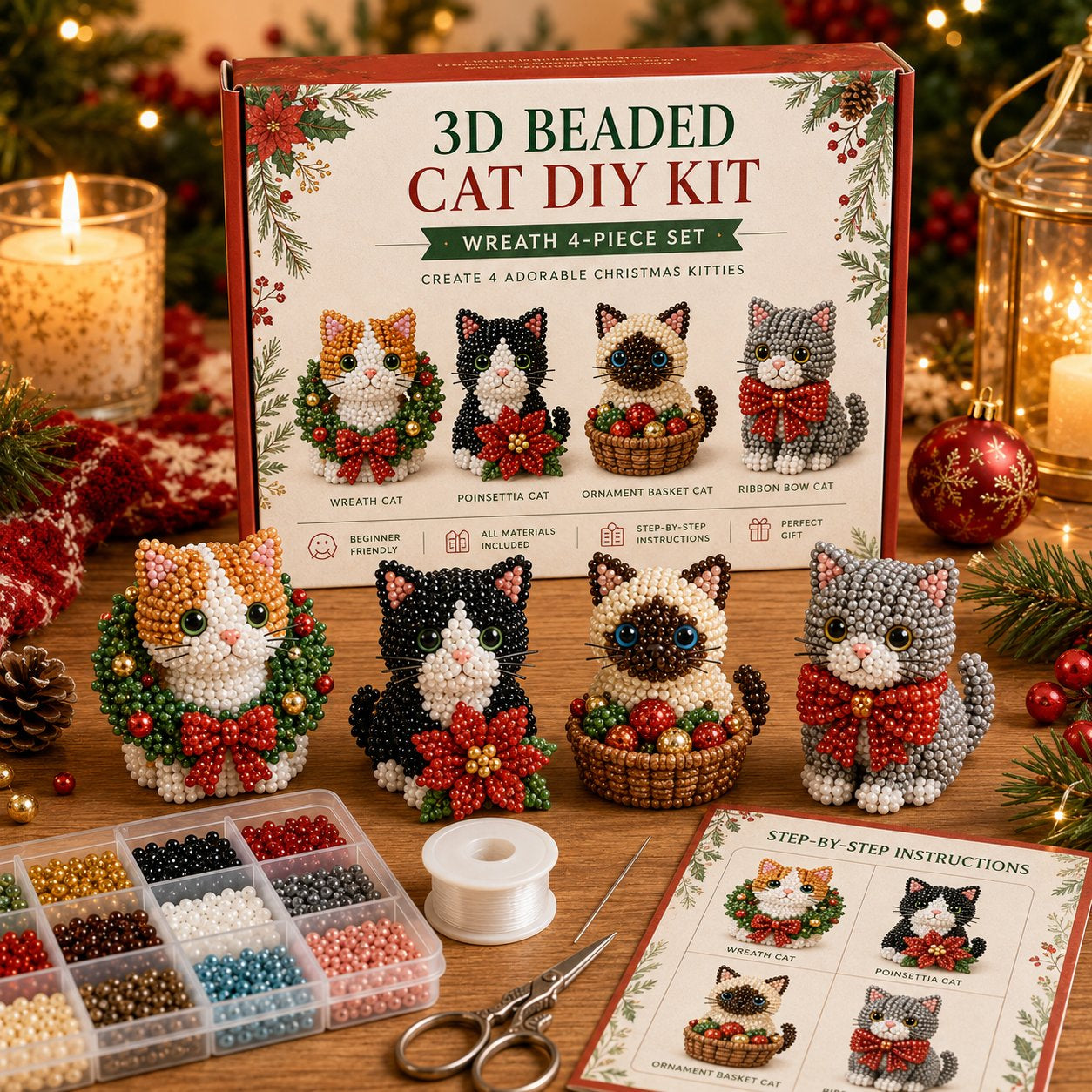 🐱🎄 Premium 3D Beaded Christmas Cats DIY Kit ✨