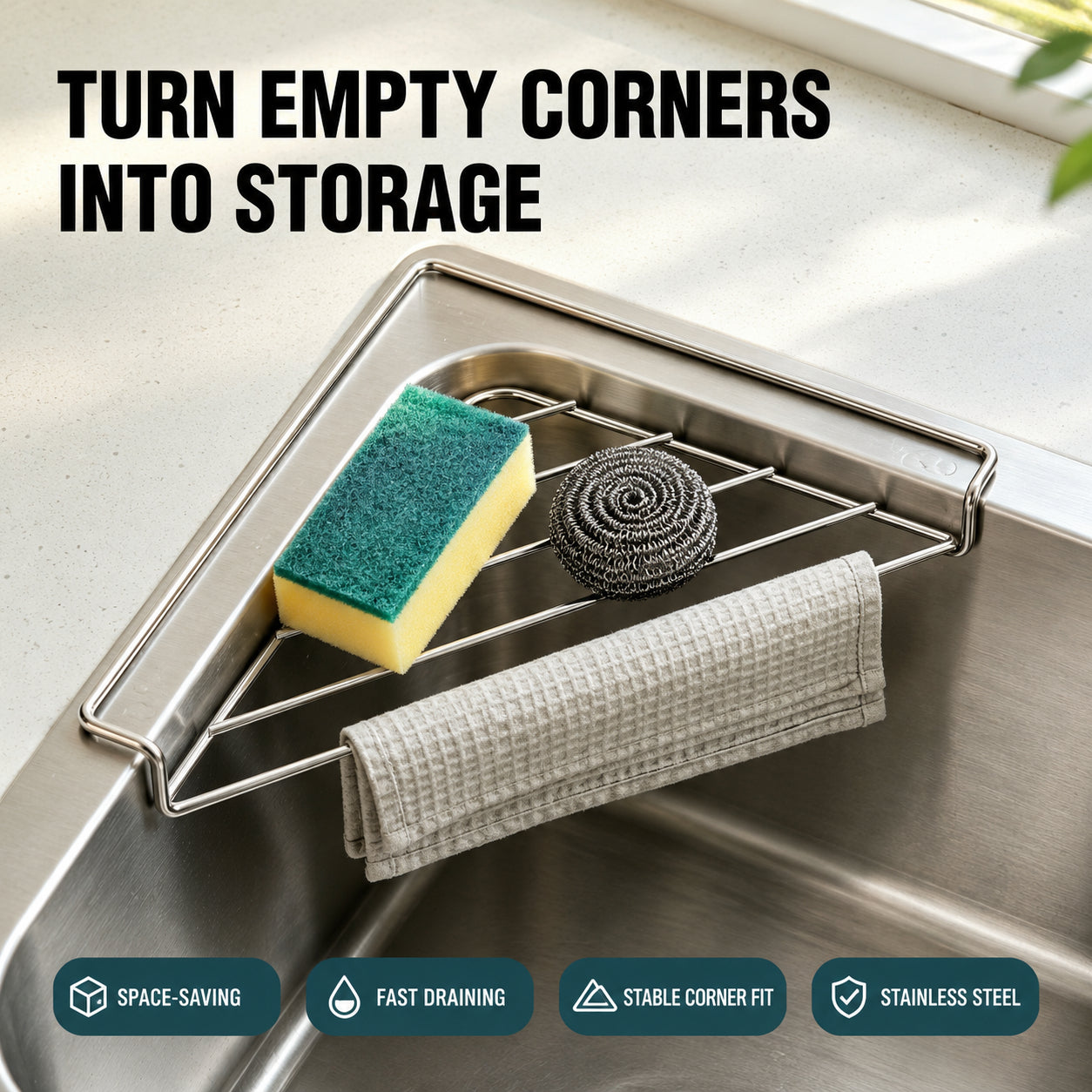 🧽 Stainless Steel Corner Sink Shelf – Triangular Drainage Rack for Sponge, Cloth & Brush Storage