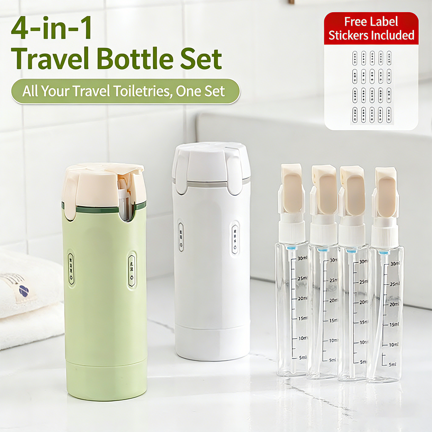 4-in-1 auslaufsicheres, drehbares Reisedispenser-Set