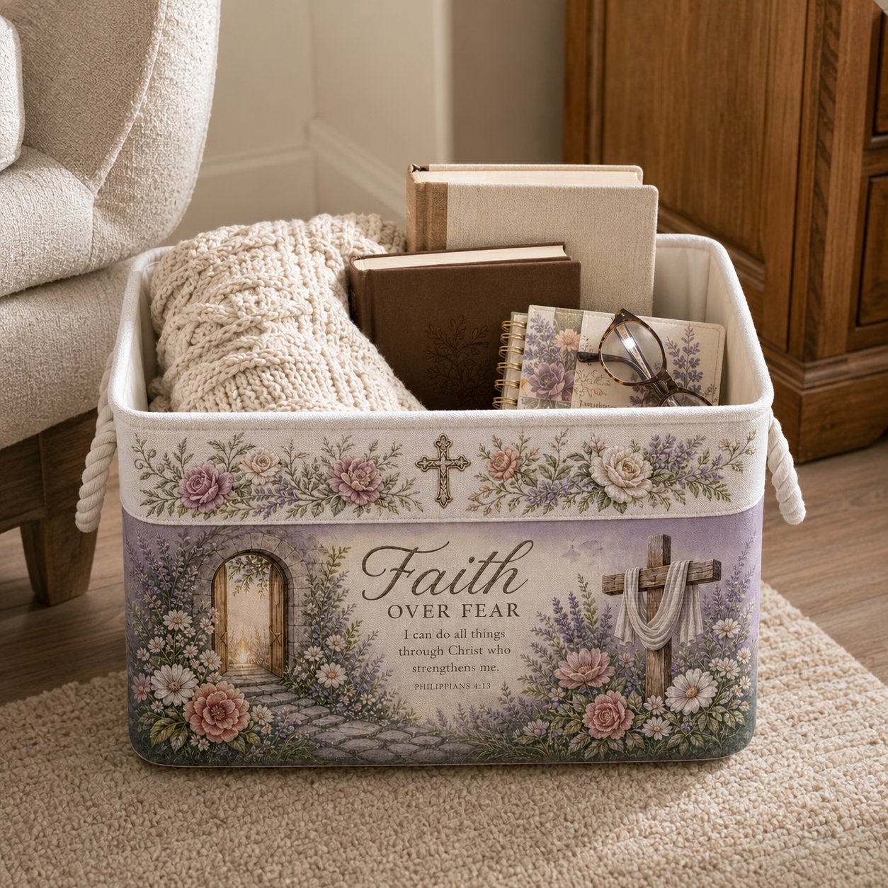 🔥 LAST DAY 49% OFF – ✝️ Christian Faith Inspirational Storage Basket | Spacious Foldable Fabric Organizer with Rope Handles & 3 Scripture Designs 🌿✨