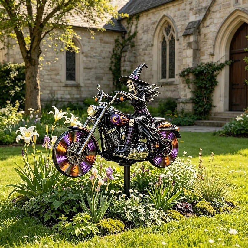 Skeleton witch motorcycle garden windmill in daytime landscaping