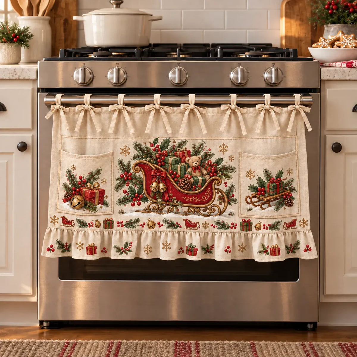 ⏳ Last Day 49% OFF – 🎄 Christmas Kitchen Tie-On Skirt | Festive Holiday Designs with Pockets & Ruffled Trim ✨