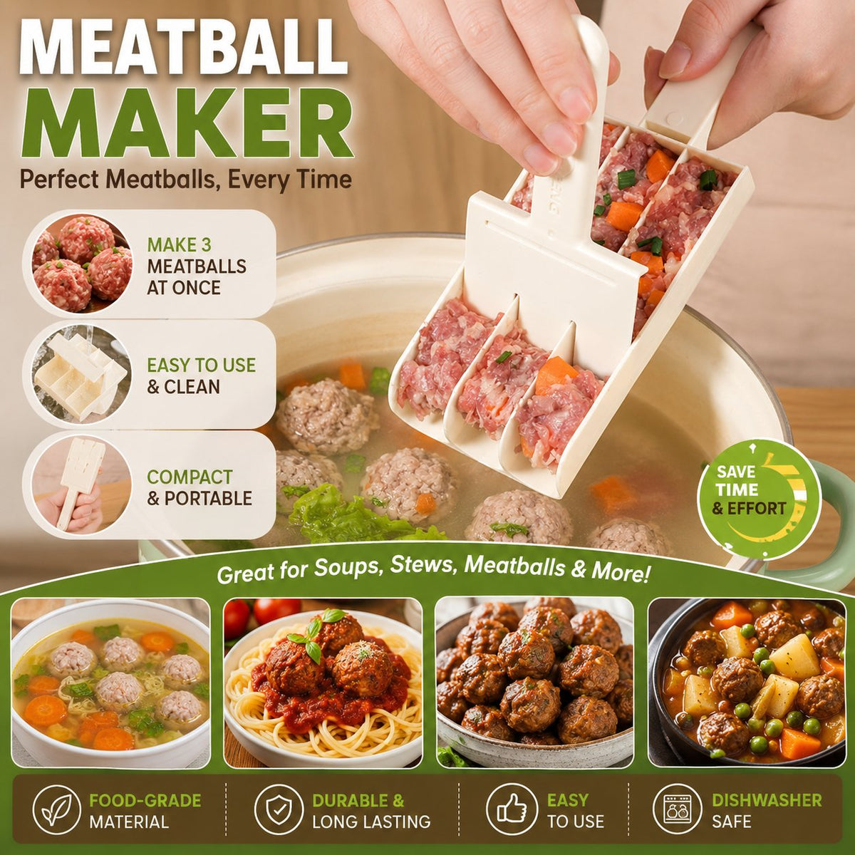 🔥49% OFF! Triple Meatball Maker – Shape 4 Perfect Meatballs at Once for Pasta, Soup & Hot Pot🛒