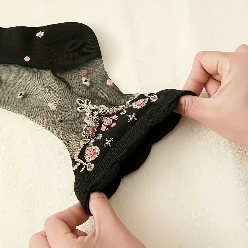 🌸10 Pairs Floral Pattern Glass Stockings 💐 - Bright Color Mid-Tube Socks, Soft Breathable & All-Day Comfort