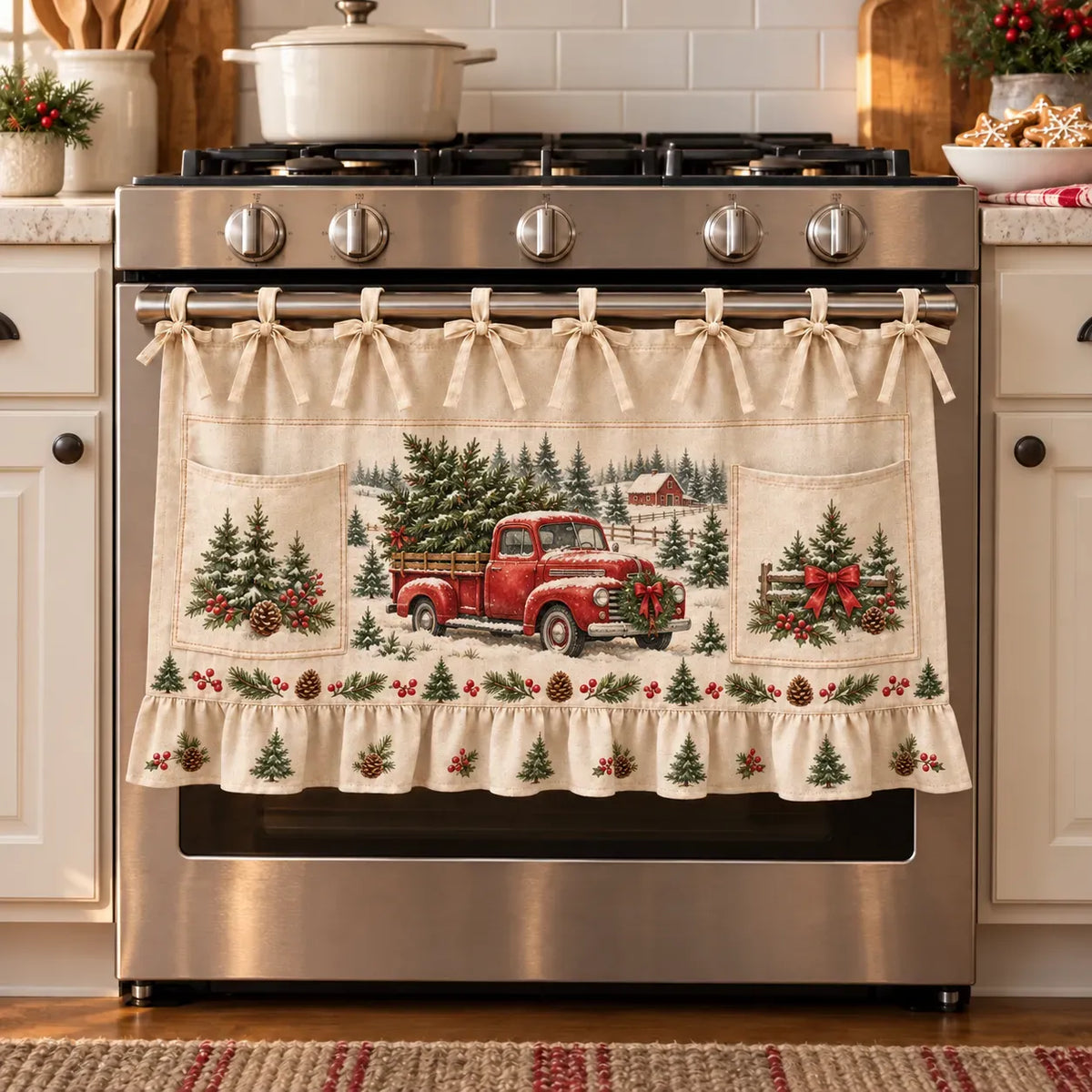 ⏳ Last Day 49% OFF – 🎄 Christmas Kitchen Tie-On Skirt | Festive Holiday Designs with Pockets & Ruffled Trim ✨