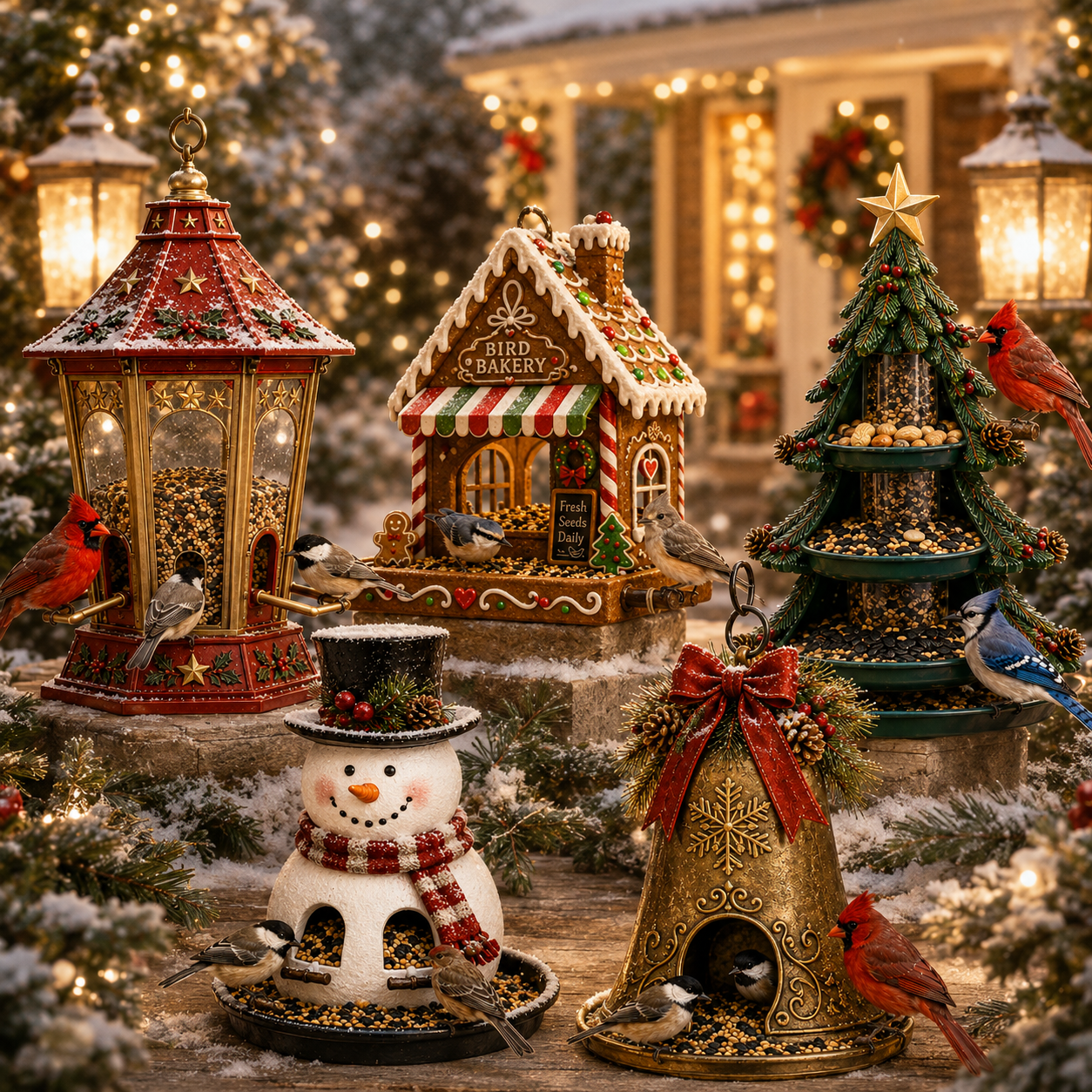 Collection of five festive garden bird feeders