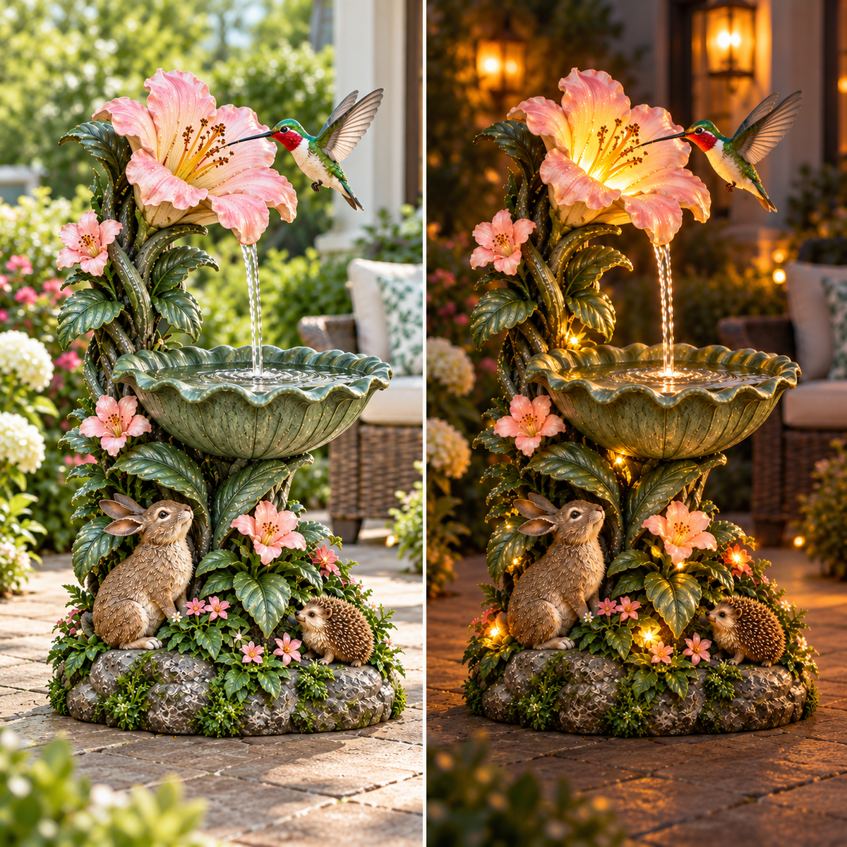 Hummingbird Blossom Glow day and night comparison