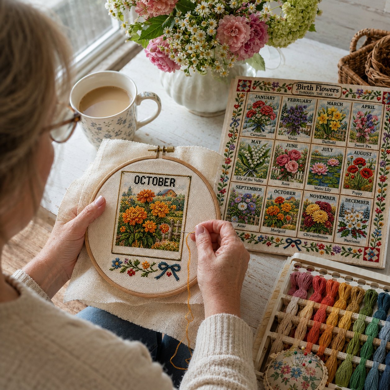🧵 Beginner-Friendly 12-Month Seasonal Embroidery DIY Kit | 8 Theme Collections with Pre-Printed Fabric, Floss, Needles & Complete Stitching Guide Included 💕