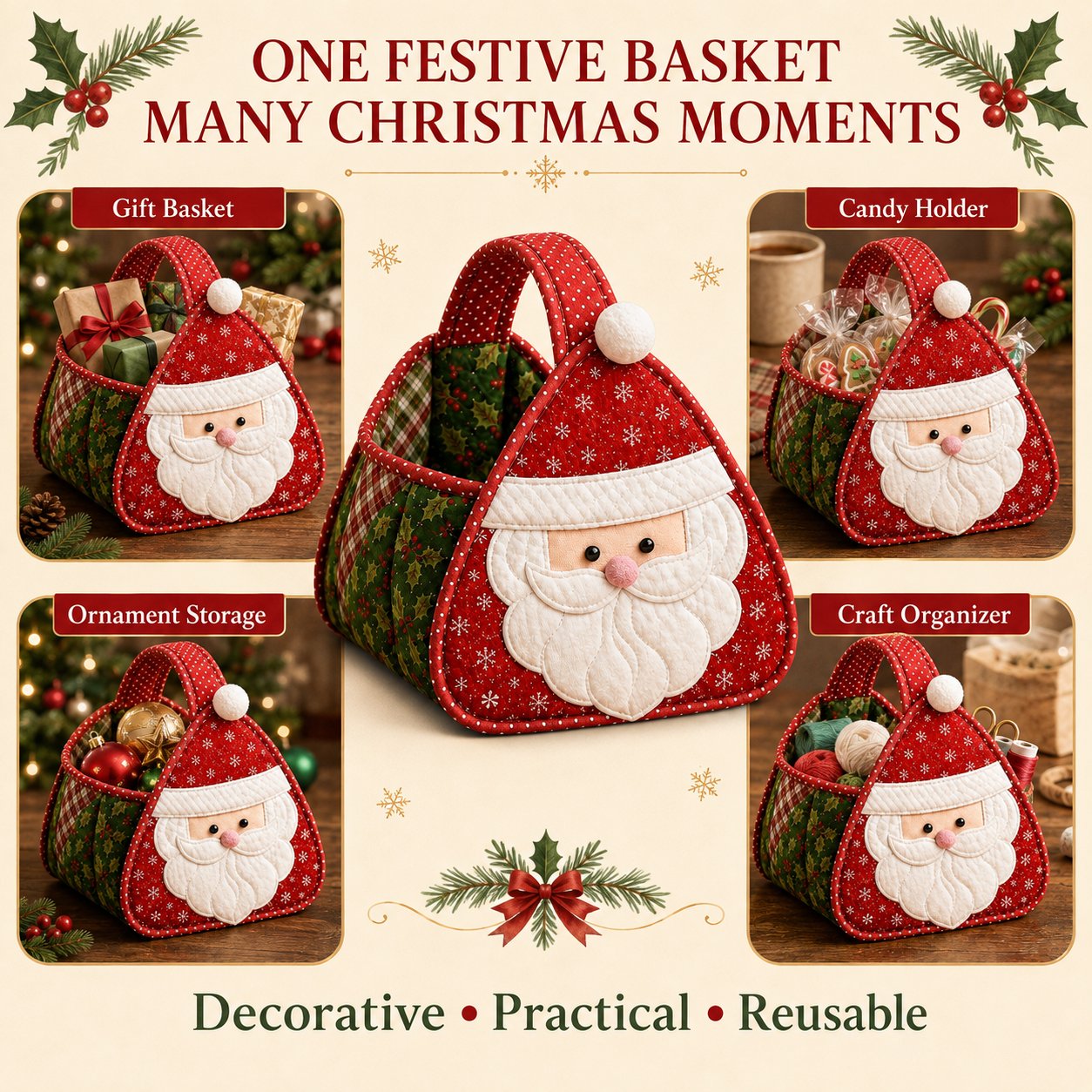 ⏳ Last Day 49% OFF – 🎄 Christmas Character Quilted Carry Basket | Padded Patchwork Fabrics, Layered Appliqué & Soft Carry Handle in DIY Kit or Ready-Made Styles 🎁✨