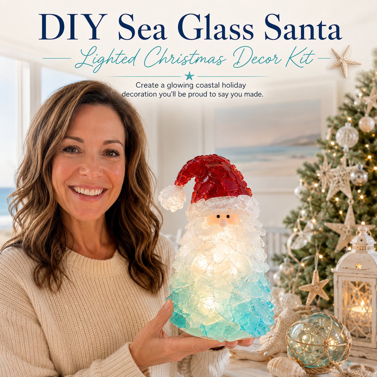 ⏳ Last Day 49% OFF – 🎅 Beginner-Friendly DIY Lighted Sea Glass Santa Christmas Decor Kit | Complete Kit with Sea Glass Pieces, Warm Fairy Lights & Step-by-Step Guide Included 💕