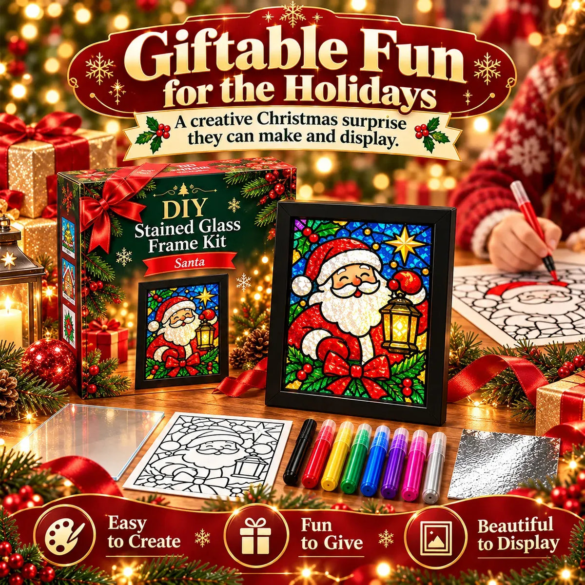 ⏳ Last Day 49% OFF – 🎄Beginner-Friendly Christmas Stained Glass-Style Frame Kit | 8 Festive Designs with Pens, Foil & Frame ✨