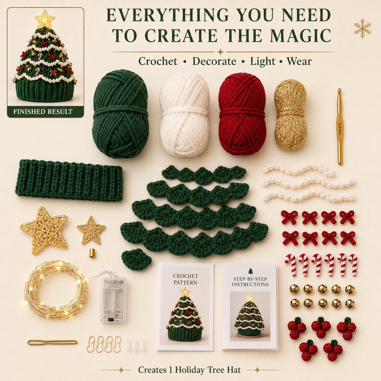 ⏳ Last Day 49% OFF – 🎄Beginner-Friendly Light-Up Christmas Tree Crochet Hat DIY Kit | Complete Kit with Coordinated Yarn, LED Lights & Step-by-Step Guide Included 💕