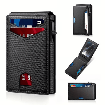 💼🔒Premium Aluminum RFID Blocking Minimalist Wallet for Men - Pop-Up Card Access, ID Window