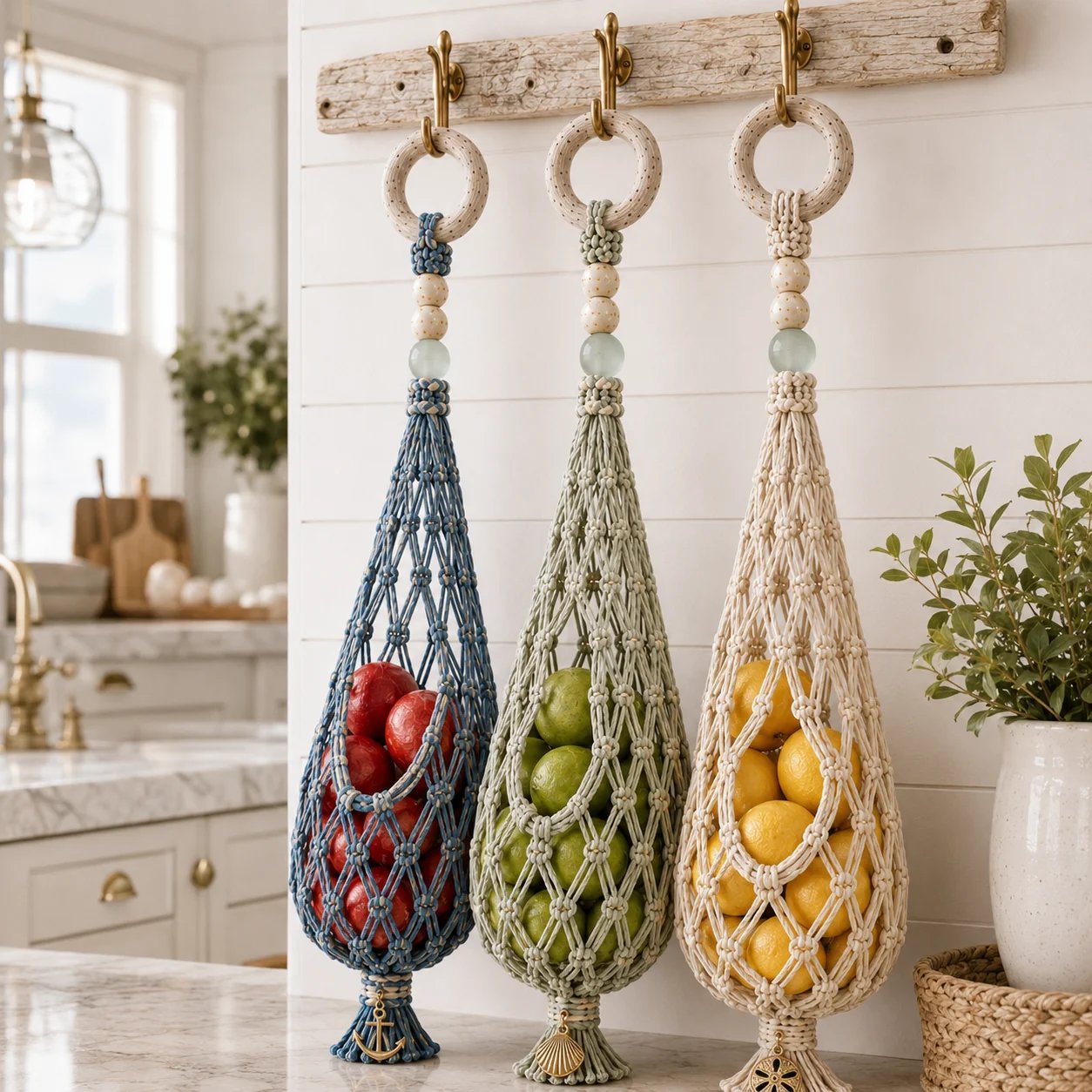 🌊🥔 Coastal Hanging Produce Storage – Handwoven Breathable Organizer with Easy Side Access