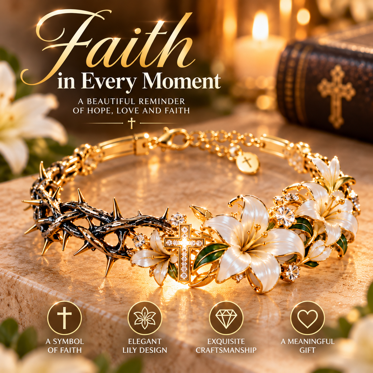 ✝️ Crown of Thorns & Lily Faith Bracelet™ – Christian Cross Bracelet 🌿