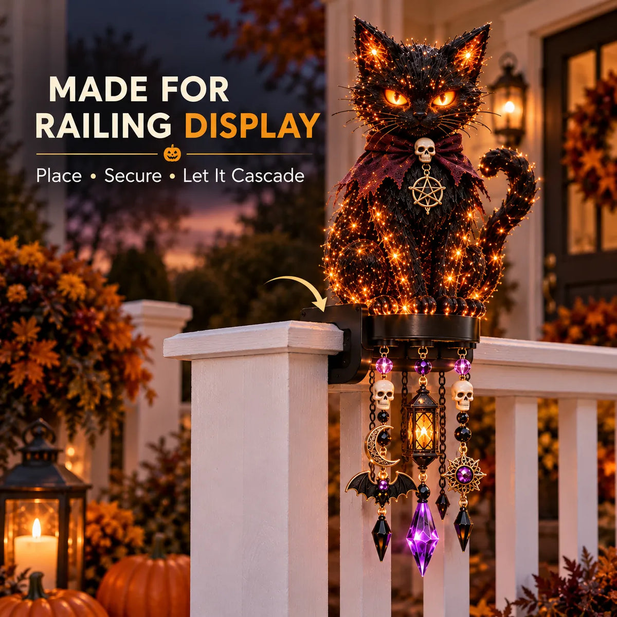 🎃 Halloween Character Glow Cascade Railing Lights – Pumpkin, Witch, Ghost & Black Cat