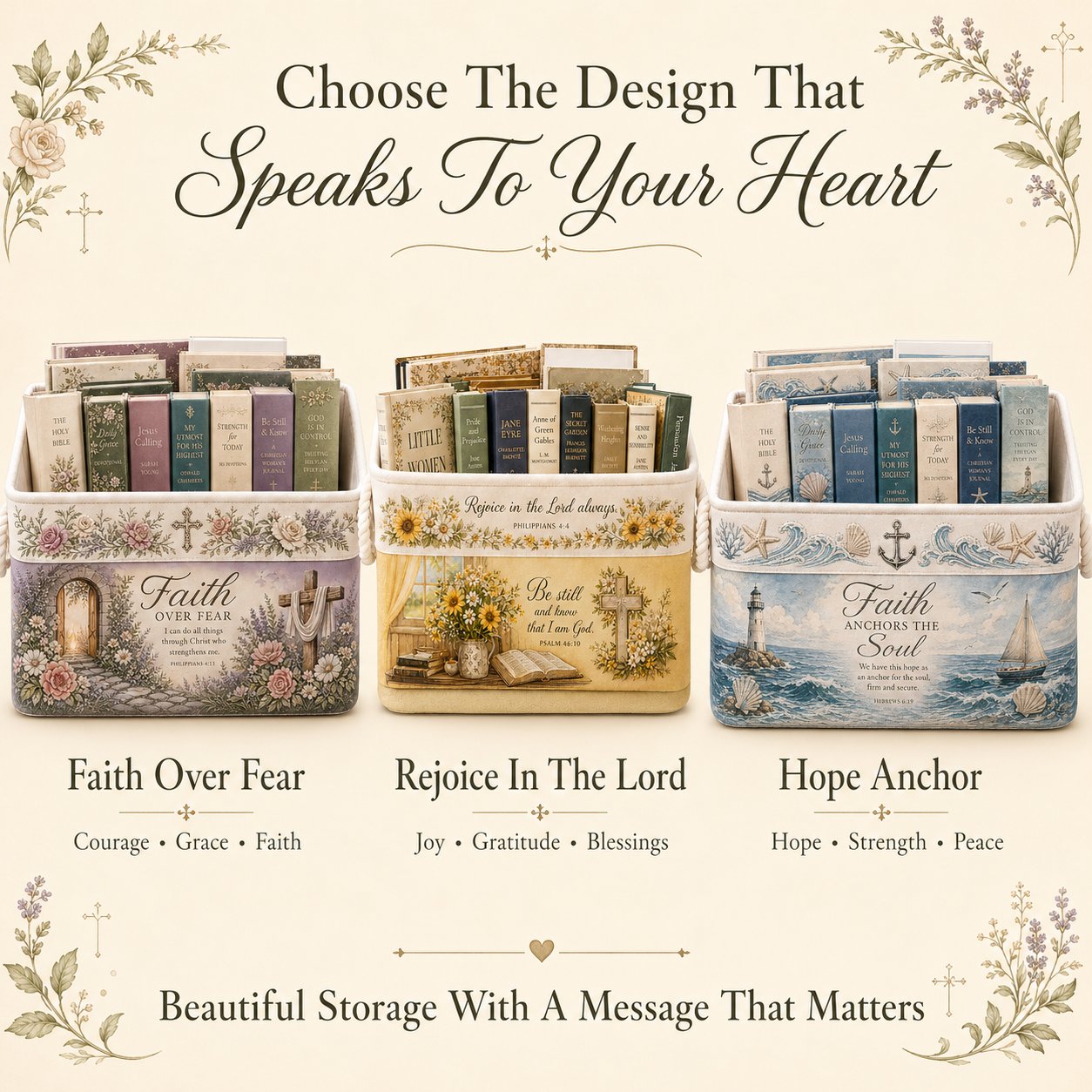 🔥 LAST DAY 49% OFF – ✝️ Christian Faith Inspirational Storage Basket | Spacious Foldable Fabric Organizer with Rope Handles & 3 Scripture Designs 🌿✨