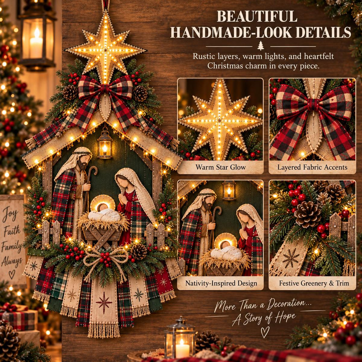 Close-up handmade-look details on lighted Christmas Nativity door hanging