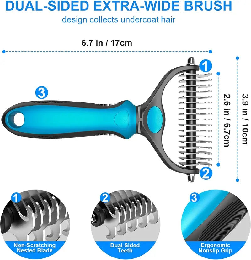 🐾Double-Sided Pet Grooming Brush – Hurtless Shedding & Dematting Undercoat Rake for
