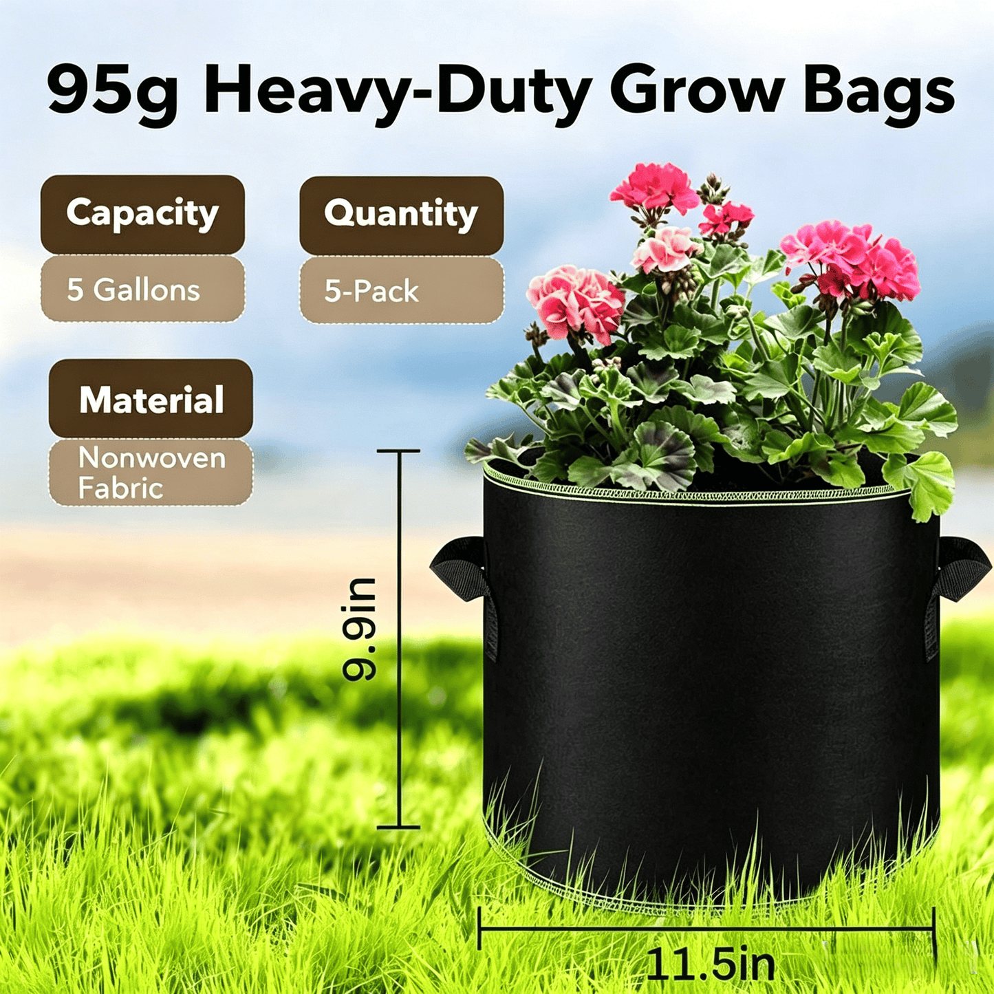 ⭐🌱 5-Pack 5 Gallon Grow Bags – Heavy Duty Aeration Fabric Pots with Handles for Vegetables, Flowers & Fruits 🪴