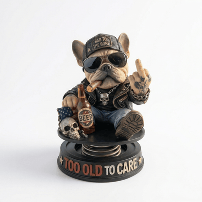"Too Old To Care" Hardcore Frenchie Dashboard Bobblehead😎 - Rebellious Bulldog Car Decor
