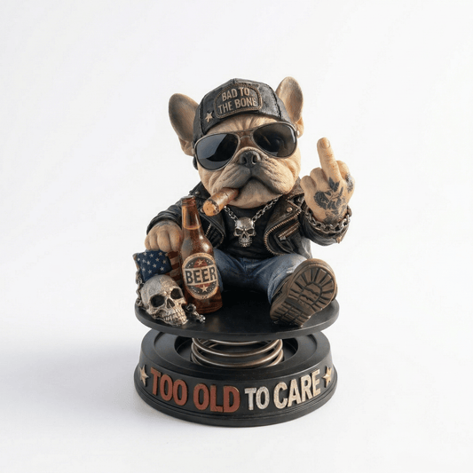 "Too Old To Care" Hardcore Frenchie Dashboard Bobblehead😎 - Rebellious Bulldog Car Decor