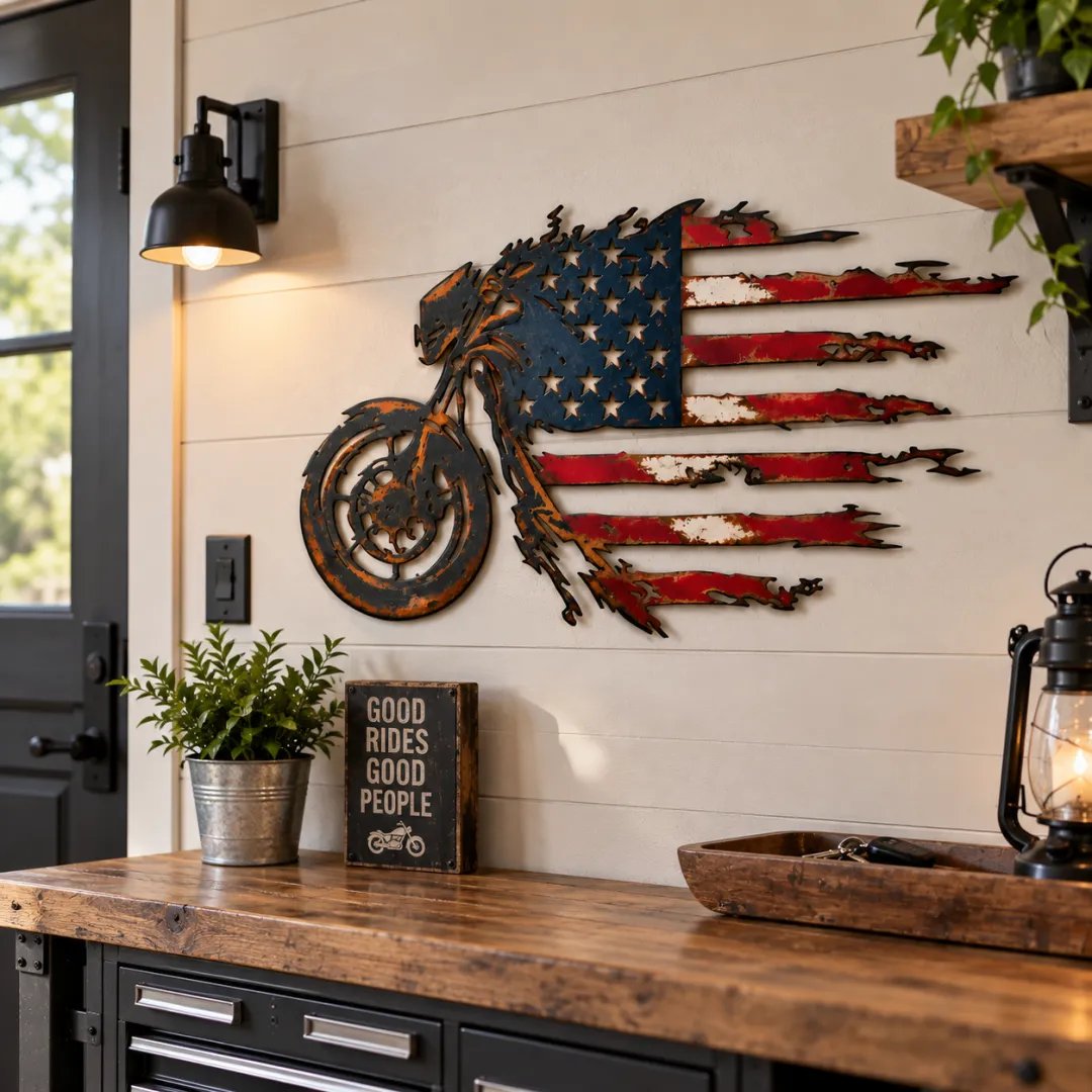 Patriotic Motorcycle American Flag Metal Wall Art (📦Buy 2 Free Shipping)