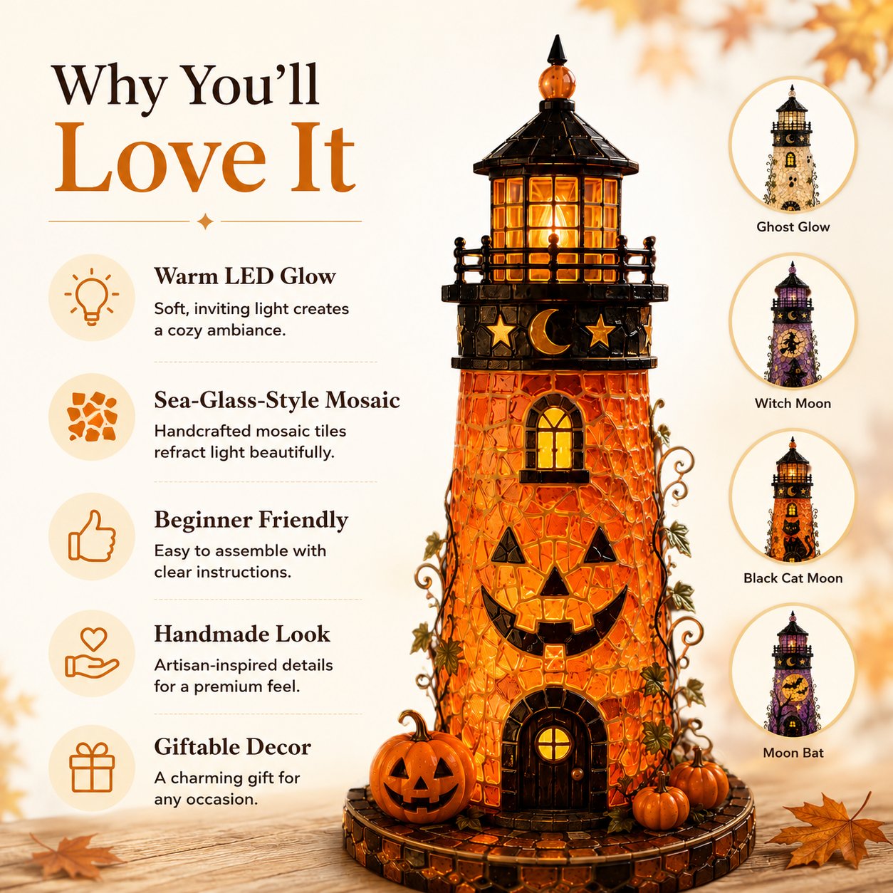 🎃 Beginner-Friendly Lighted Halloween Lighthouse DIY Kit – Sea Glass-Style Mosaic Collection