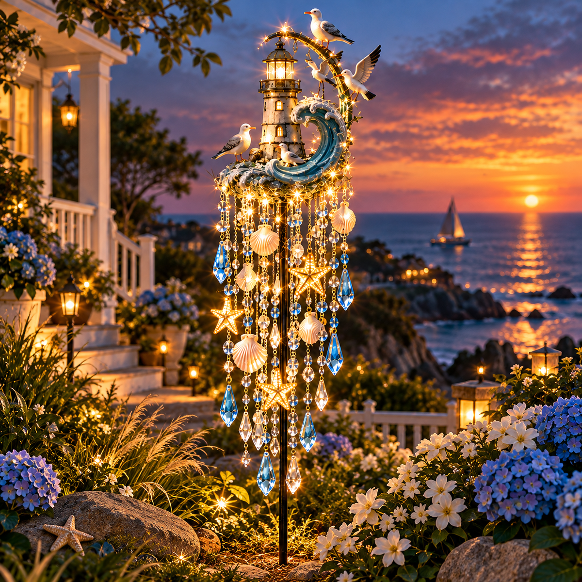 🌊 Lighthouse Tide Glow™ – Solar Lighthouse Garden Stake Light with Crystal Tassels