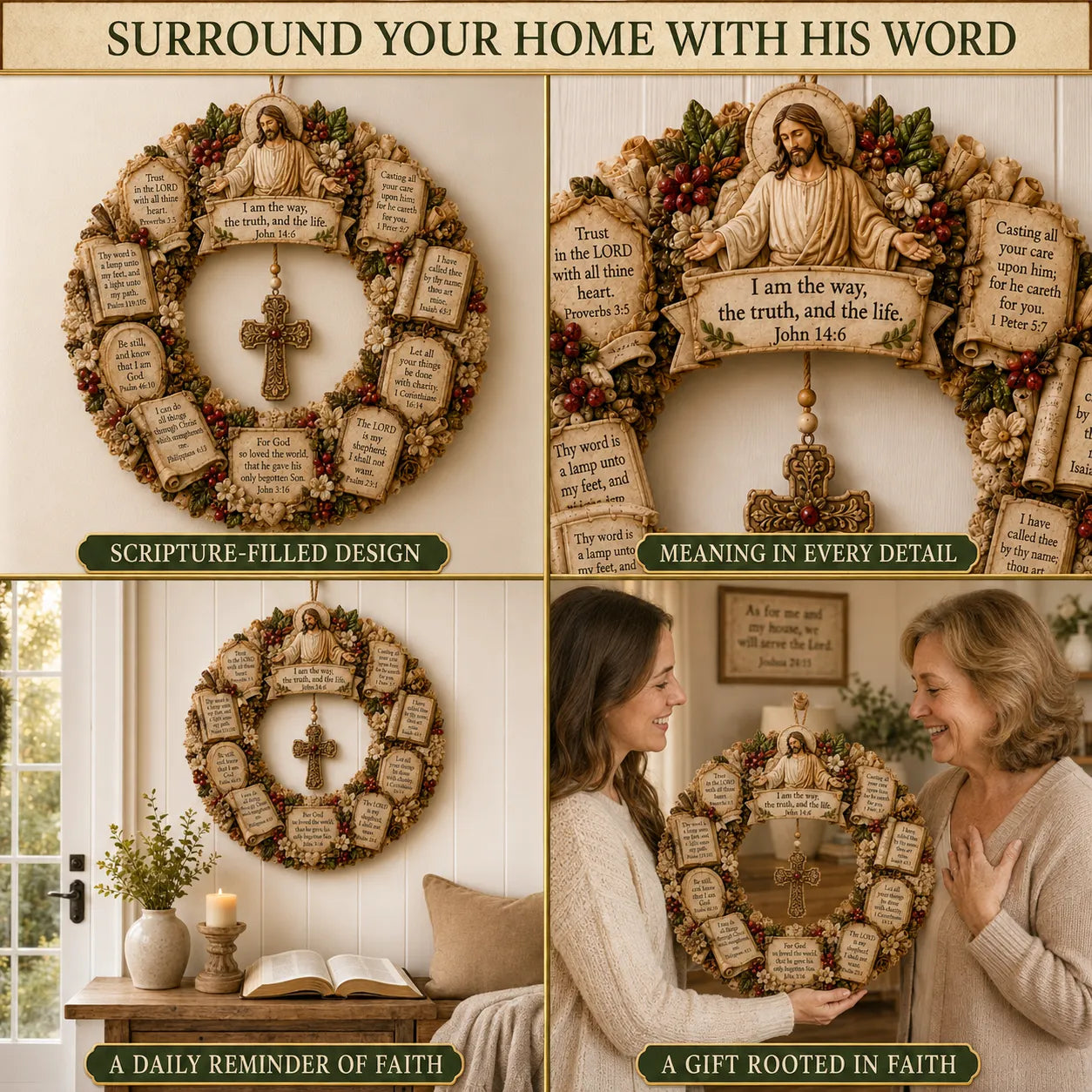 ✝️ Jesus Scripture Wreath | Handcrafted Christian Wood Décor with Bible Verses, Hanging Cross & Faith-Inspired Vintage Details 🙏