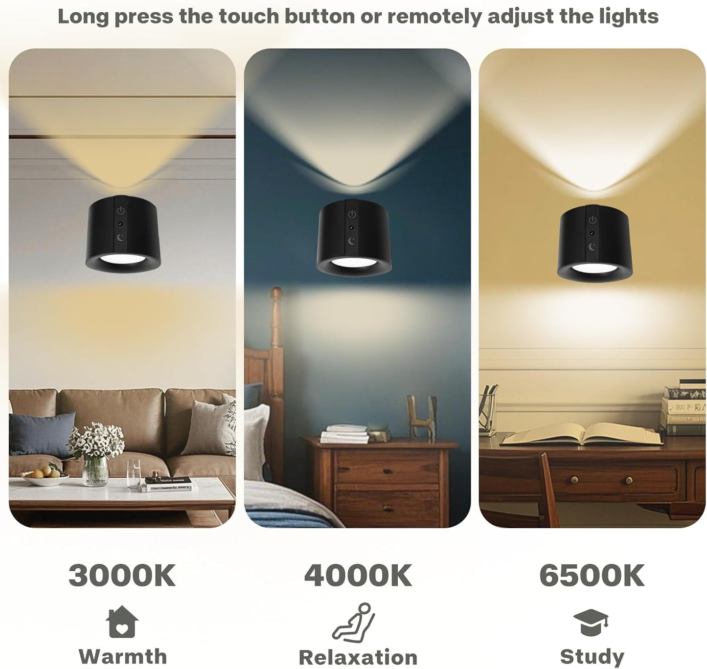2 Pack 360° Rotatable Rechargeable Touch Wall Lamp with Double Sided Light Source