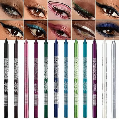💧12-Pack Waterproof Colored Gel Eyeliner Pencil – Metallic & Shimmer Finishes, Smudge-Proof(Pencil sharpener color is random)