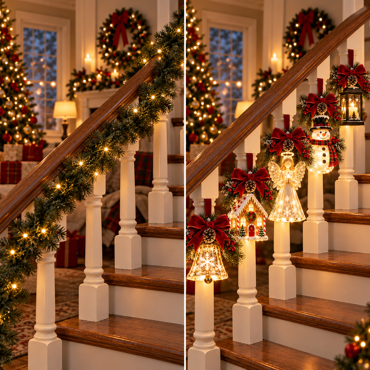 Christmas staircase before and after