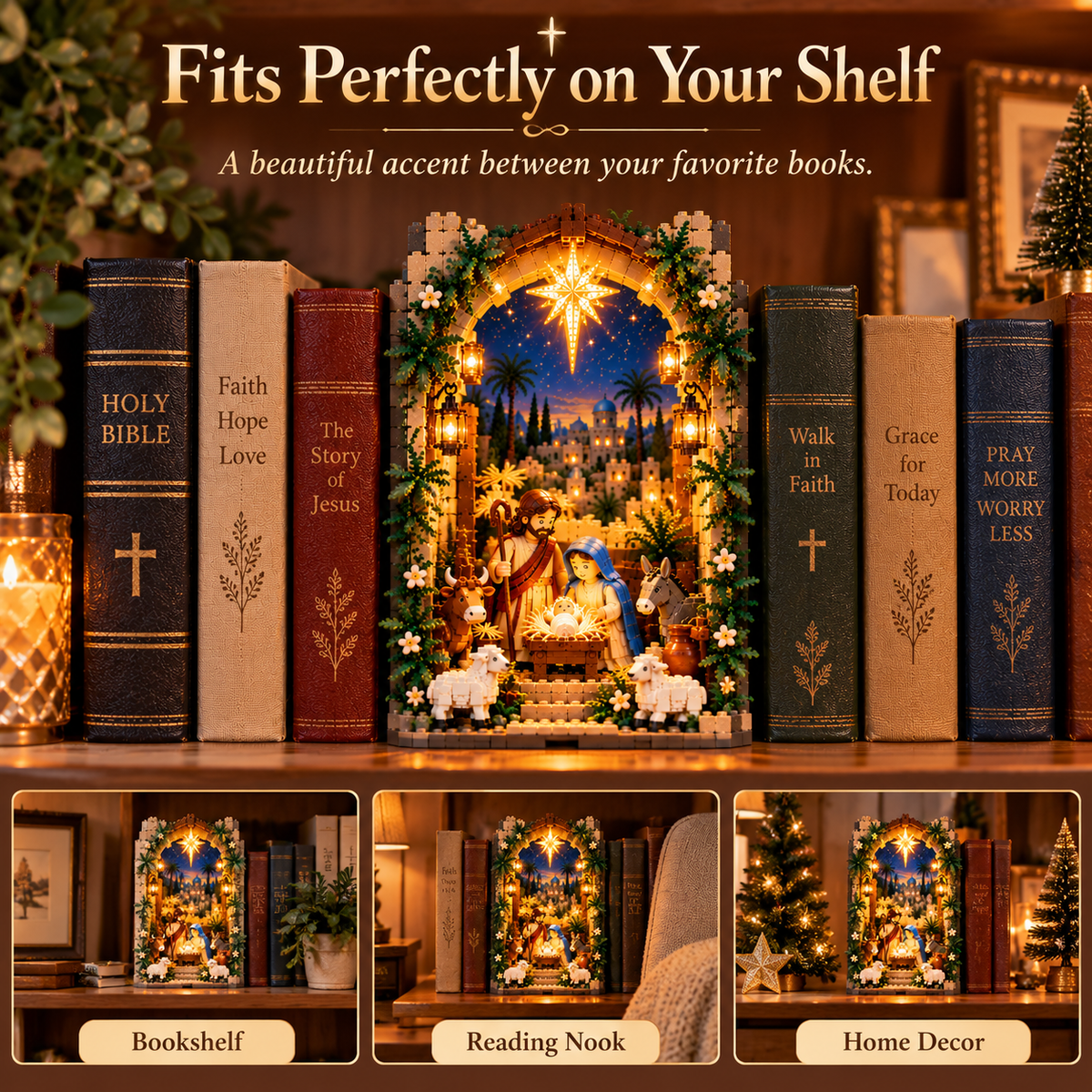 Bethlehem Nativity Book Nook displayed on shelf reading nook and home