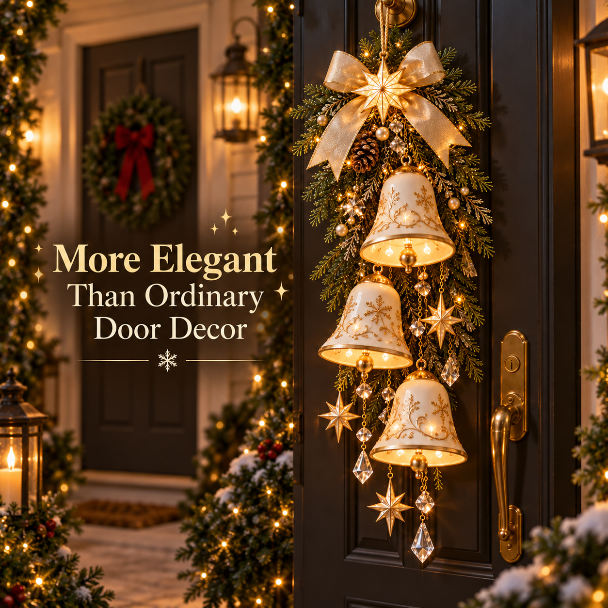 Elegant illuminated bell door decoration compared with ordinary Christmas decor