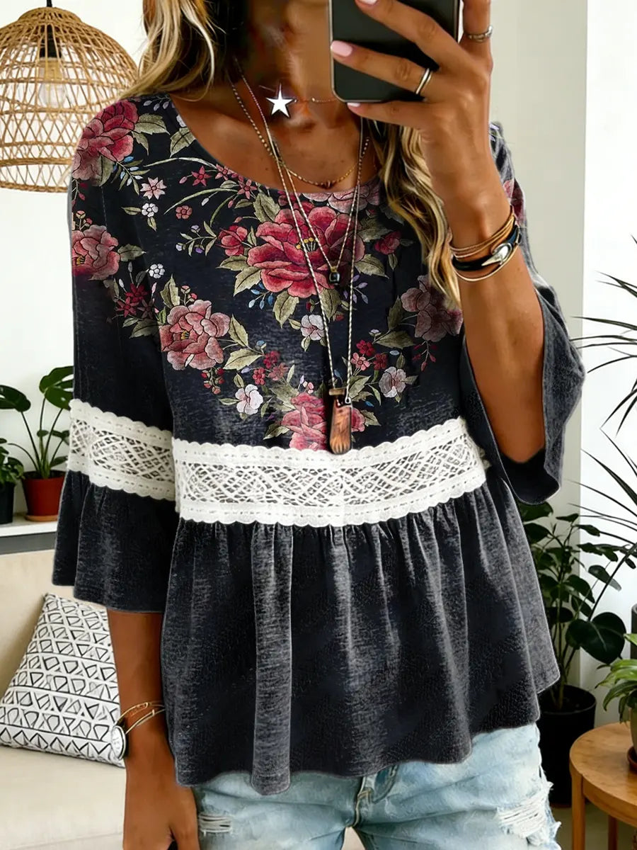 Women's Ethnic Floral Art Print Lace Patchwork Cotton Top