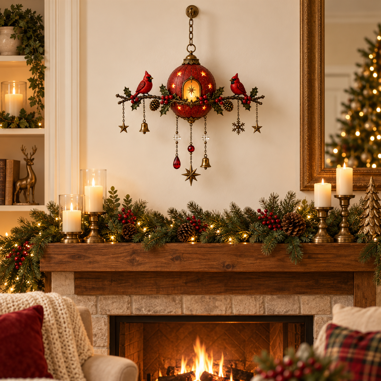 Cardinal Christmas Wall Hanging above fireplace