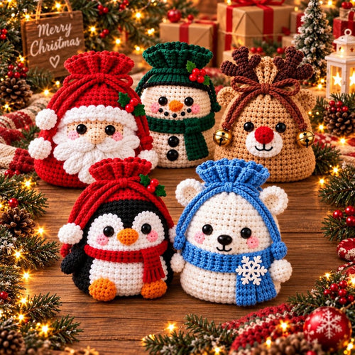🎄 Christmas Crochet Character Gift Pouch | Reusable Drawstring Gift Bag