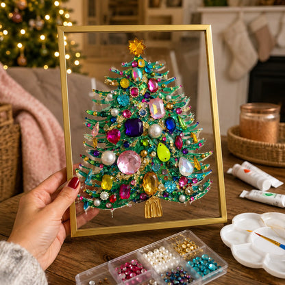 🔥 LAST DAY 49% OFF – 🎄 DIY Jeweled Christmas Tree Art Kit | Colorful Gems, Pearls, Paints & Gold-Tone Floating Display Frame 💎✨